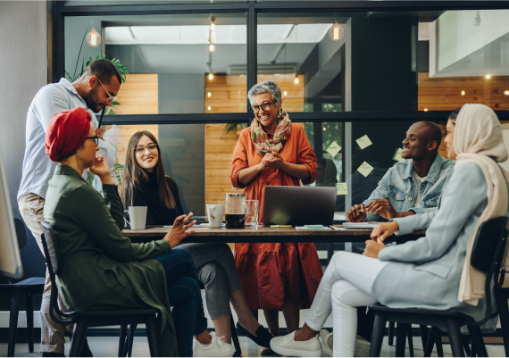 A group of professionals collaborate on a project.